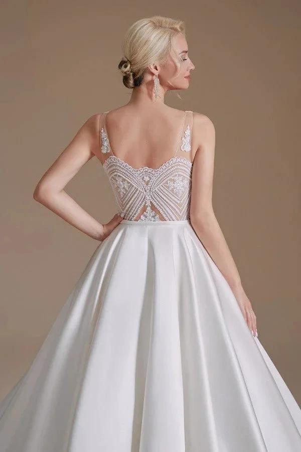 Simple Long A-line V-neck Satin Wedding Dress with Appliques Lace (ZD14346)