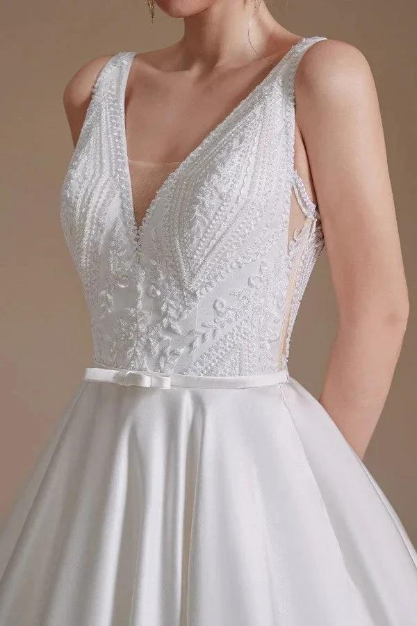 Simple Long A-line V-neck Satin Wedding Dress with Appliques Lace (ZD14346)