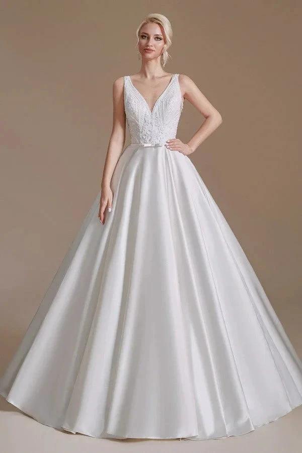 Simple Long A-line V-neck Satin Wedding Dress with Appliques Lace (ZD14346)