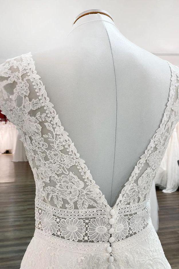 Simple Long A-line V-neck Tulle Appliques Lace Wedding Dress (ZD15158)