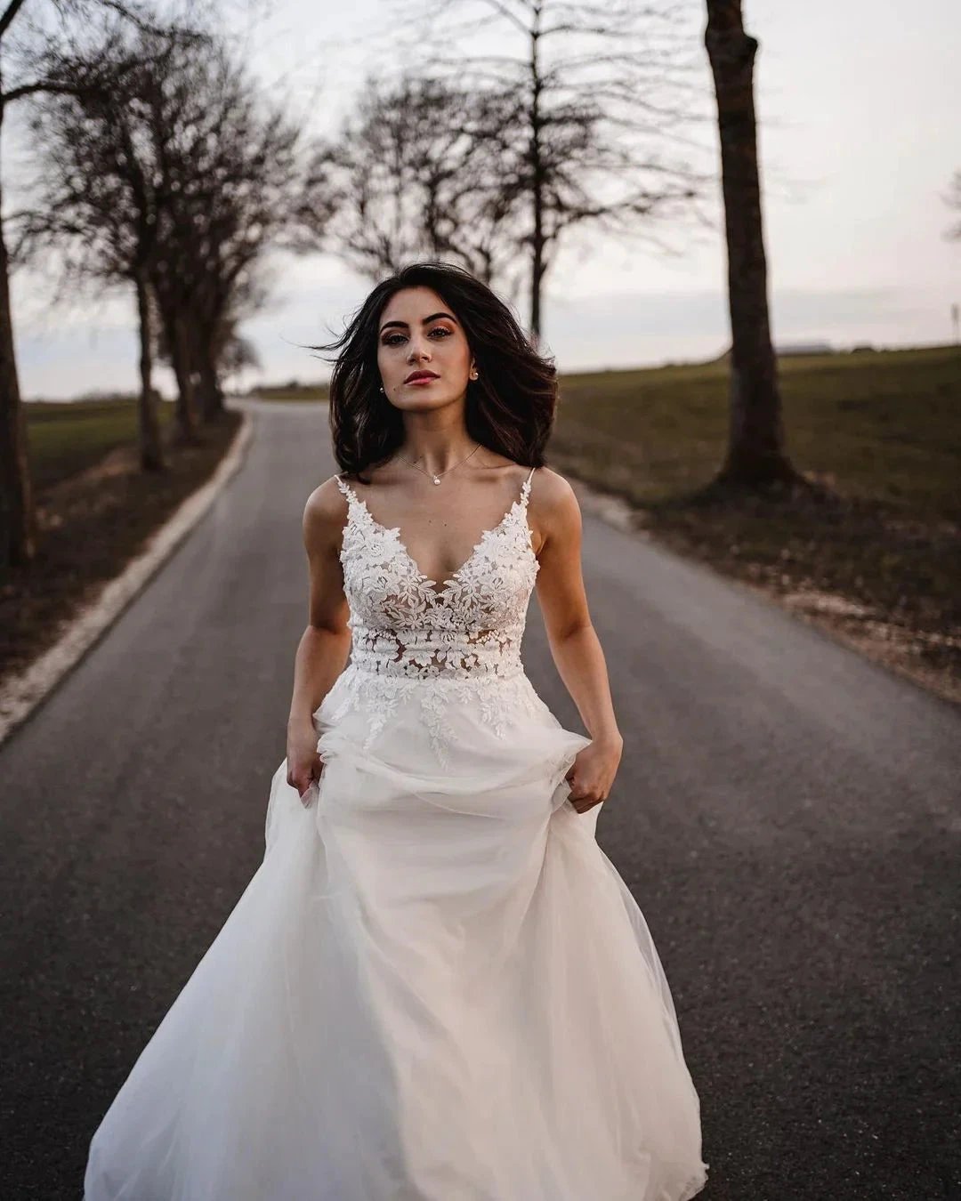 Simple Long A-line V-neck Tulle Backless Wedding Dress (ZD15013)