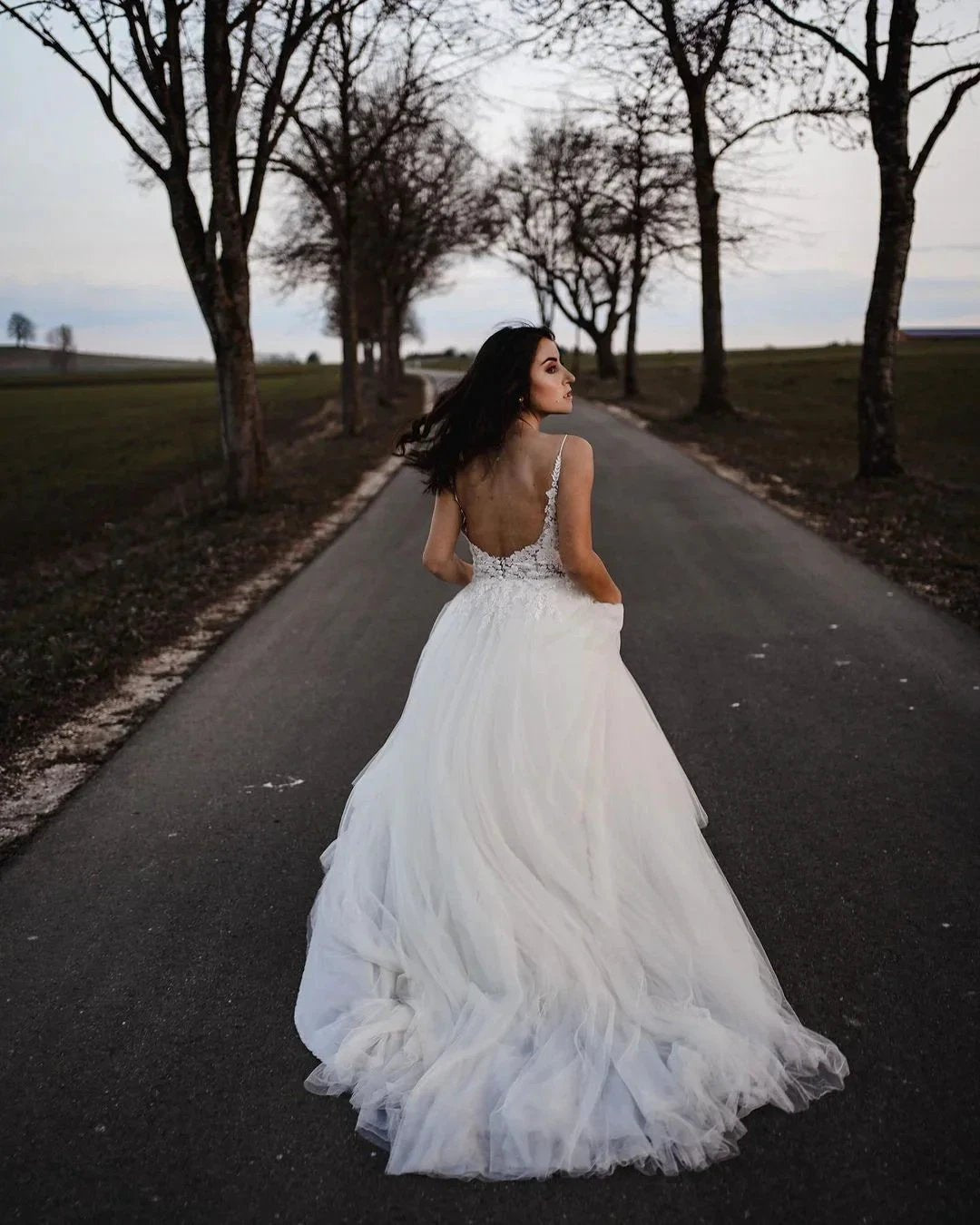 Simple Long A-line V-neck Tulle Backless Wedding Dress (ZD15013)
