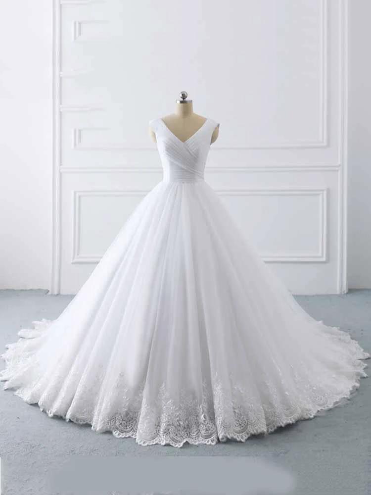 Simple Long Ball Gown V-Neck Lace-Up Tulle Wedding Dresses (ZD15919)