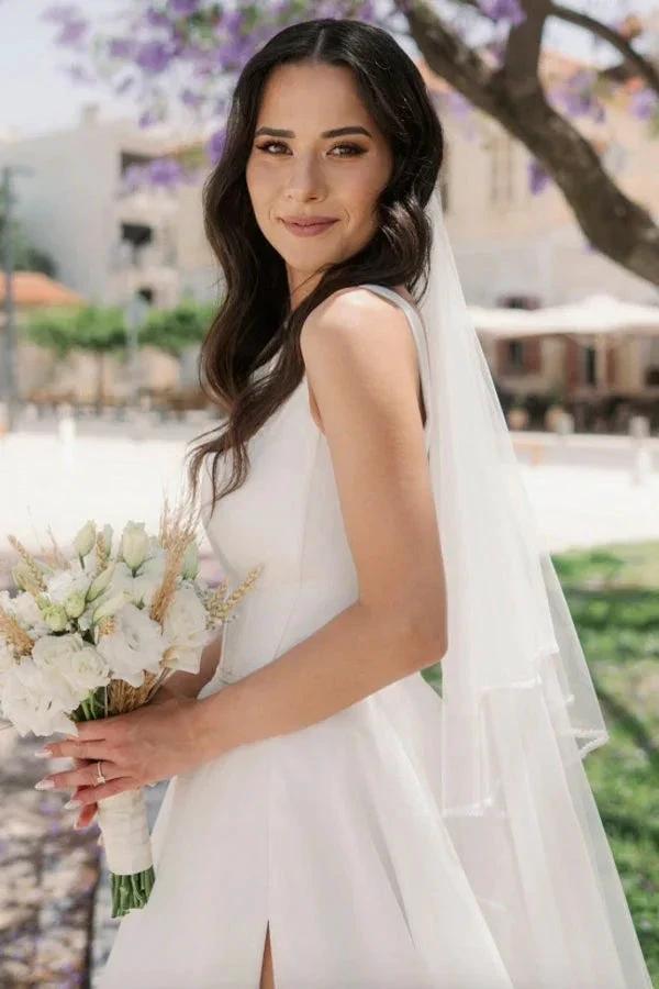 Simple Long Ivory A-line Straps Tulle Sleeveless Wedding Dress with Slit (ZD15516)