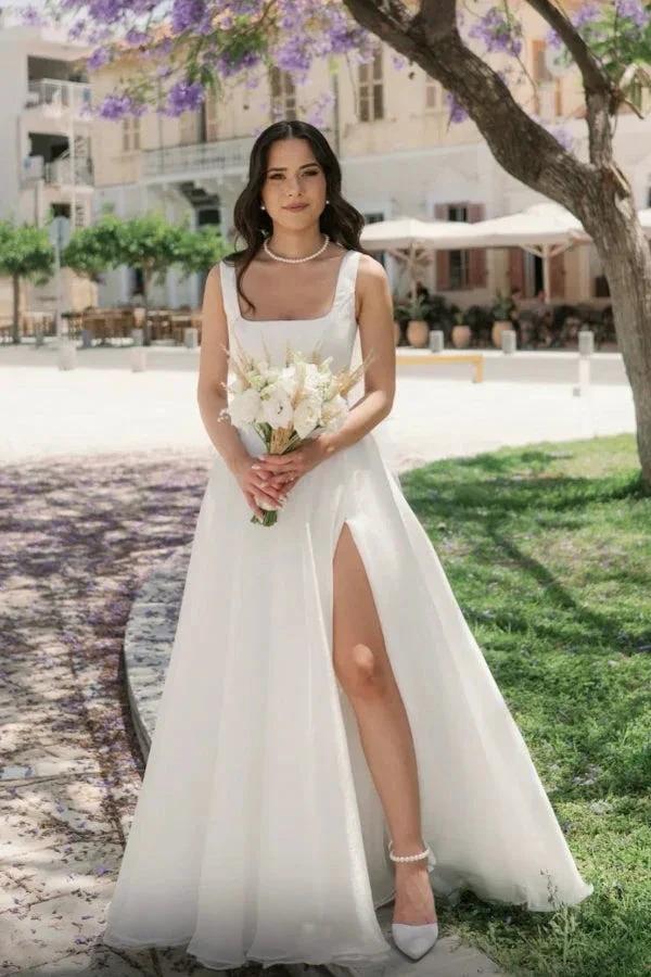 Simple Long Ivory A-line Straps Tulle Sleeveless Wedding Dress with Slit (ZD15516)