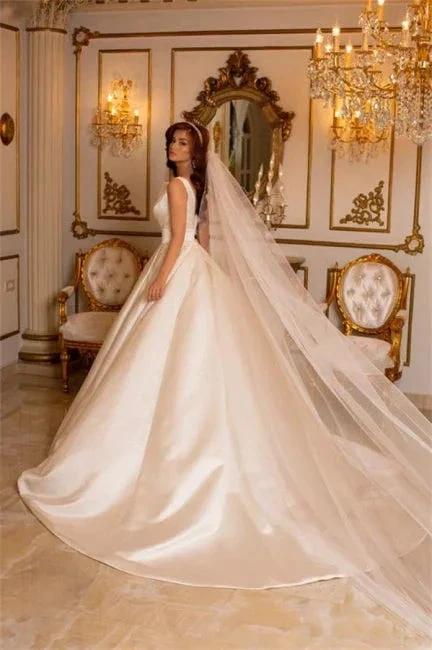 Simple Long Ivory A-line V-neck Satin Sleeveless Wedding Dresses With Train (ZD14957)