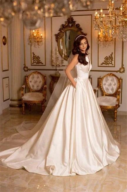 Simple Long Ivory A-line V-neck Satin Sleeveless Wedding Dresses With Train (ZD14957)
