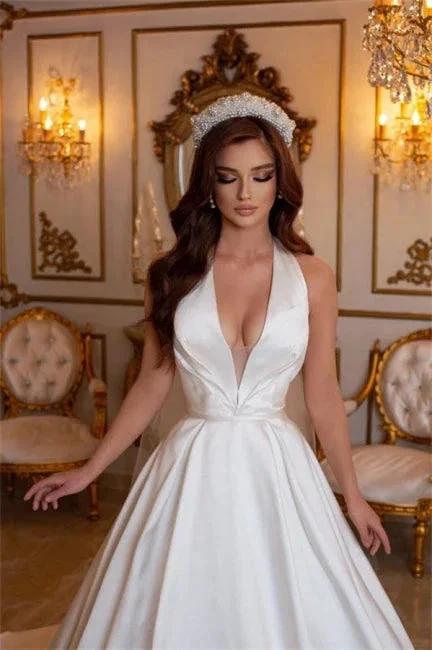 Simple Long Ivory A-line V-neck Sleeveless Satin Wedding Dresses (ZD14956)