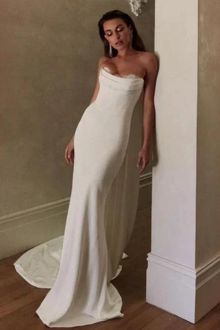 Simple Long Ivory Mermaid Strapless Satin Wedding Dress with Lace (ZD16643)