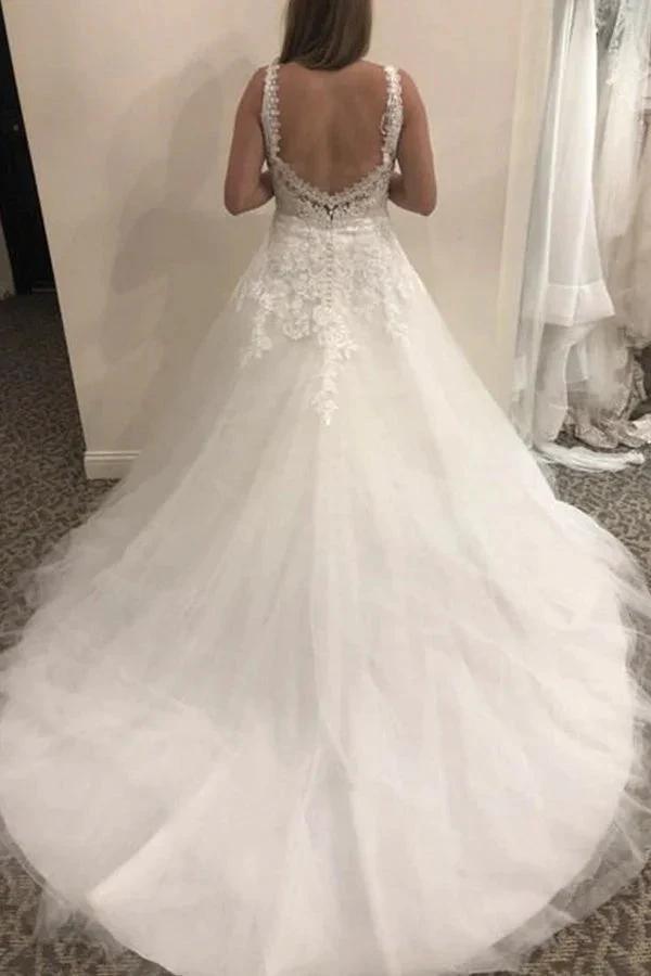 Simple Long Lace Tulle V-neck A-line Backless Wedding Dress (ZD15001)