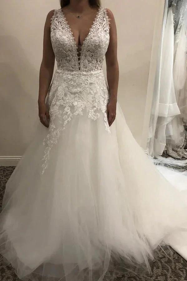 Simple Long Lace Tulle V-neck A-line Backless Wedding Dress (ZD15001)