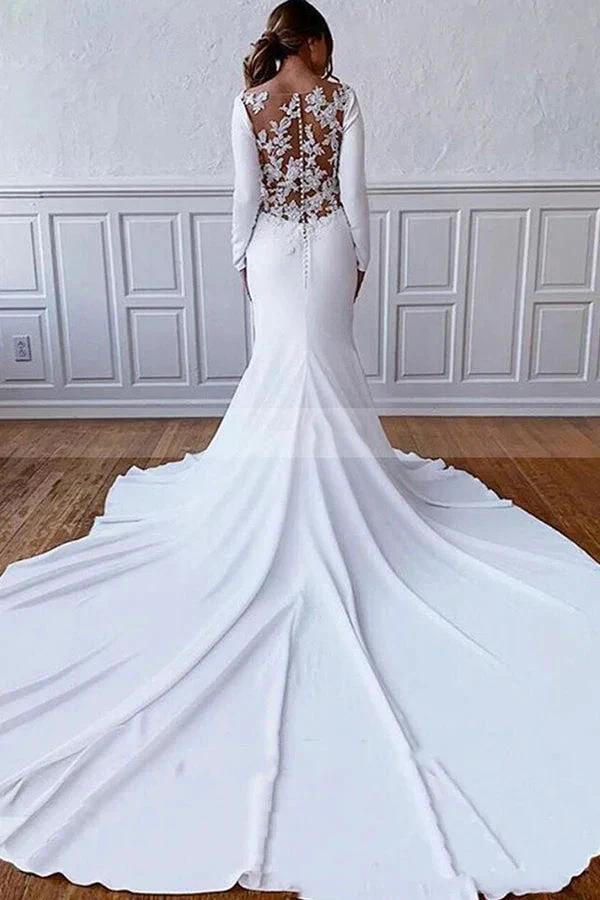 Simple Long Sheath Satin Illusion Lace Back Wedding Dress with Sleeves (ZD14997)