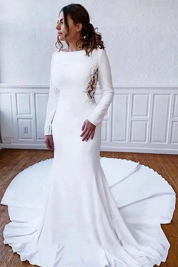 Simple Long Sheath Satin Illusion Lace Back Wedding Dress with Sleeves (ZD14997)