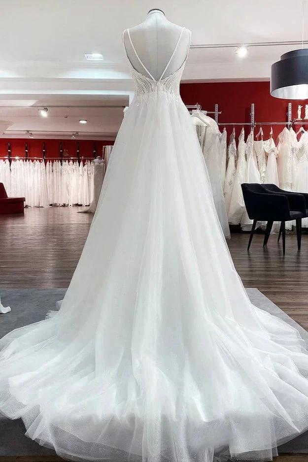 Simple Long V-neck Sequins Ruffles A-line Tulle Backless Wedding Dress (ZD14283)