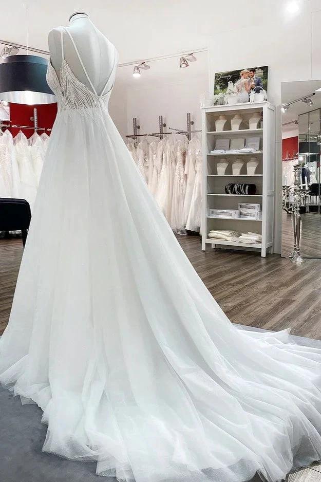 Simple Long V-neck Sequins Ruffles A-line Tulle Backless Wedding Dress (ZD14283)