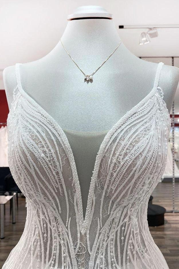 Simple Long V-neck Sequins Ruffles A-line Tulle Backless Wedding Dress (ZD14283)