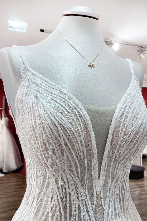 Simple Long V-neck Sequins Ruffles A-line Tulle Backless Wedding Dress (ZD14283)