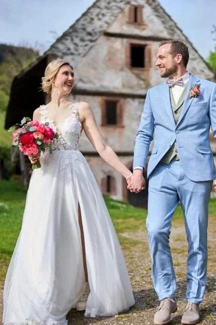 Simple Long White A-line V-neck Sleeveless Tulle Lace Wedding Dress with Slit (ZD16672)