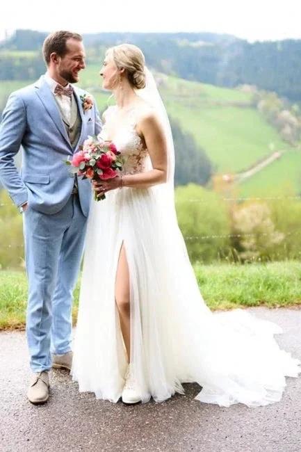Simple Long White A-line V-neck Sleeveless Tulle Lace Wedding Dress with Slit (ZD16672)