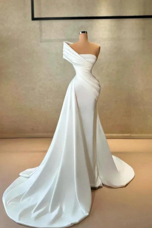 Simple Long White Mermaid One Shoulder Satin Sleeveless Wedding Dress (ZD16681)