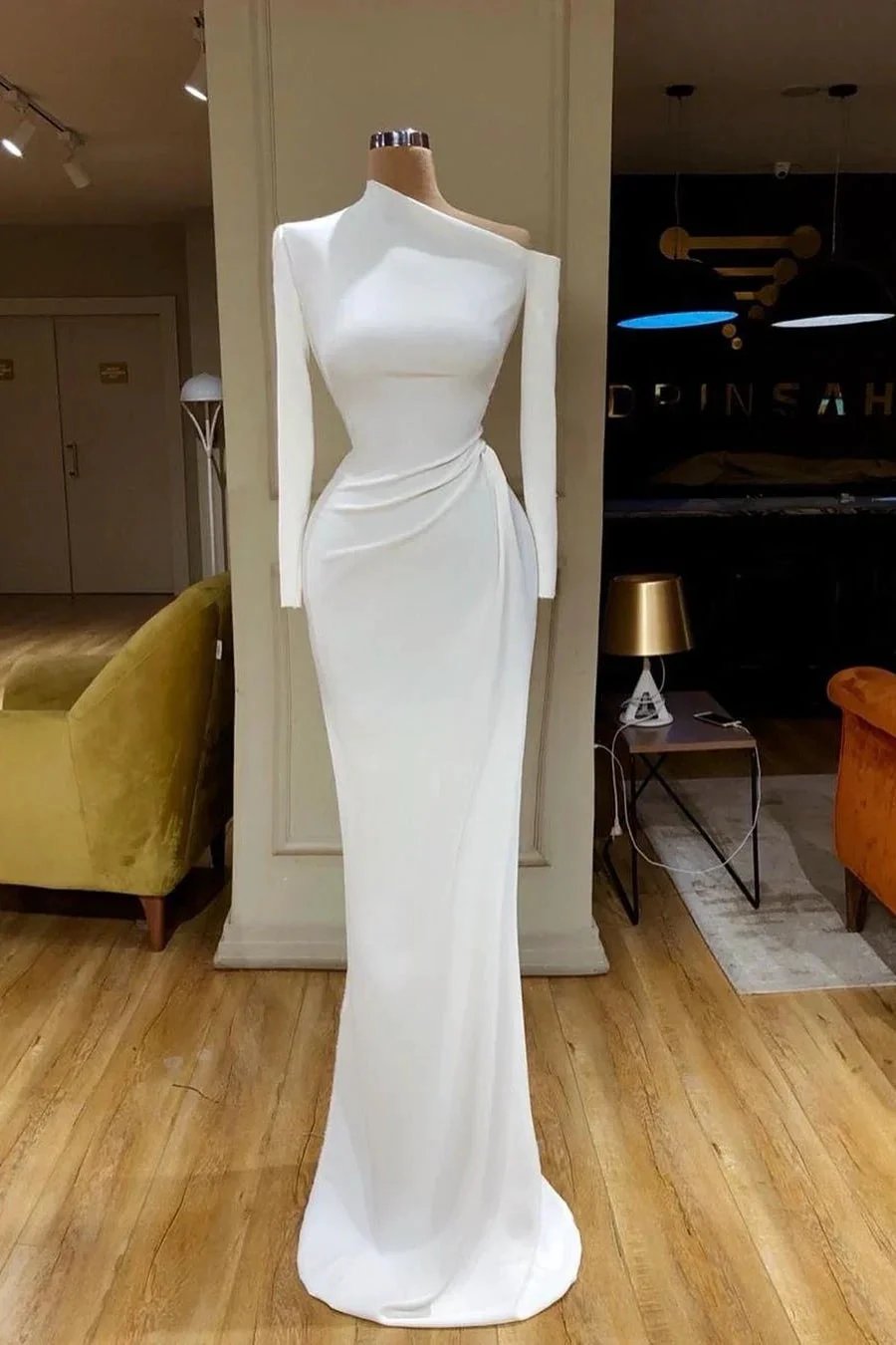 Simple Long White Mermaid Satin Wedding Dress With Long Sleeves (ZD16453)
