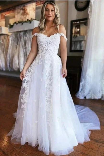 Simple Off-the-shoulder A-line Sleeveless Wedding Dress With Lace (ZD14607)