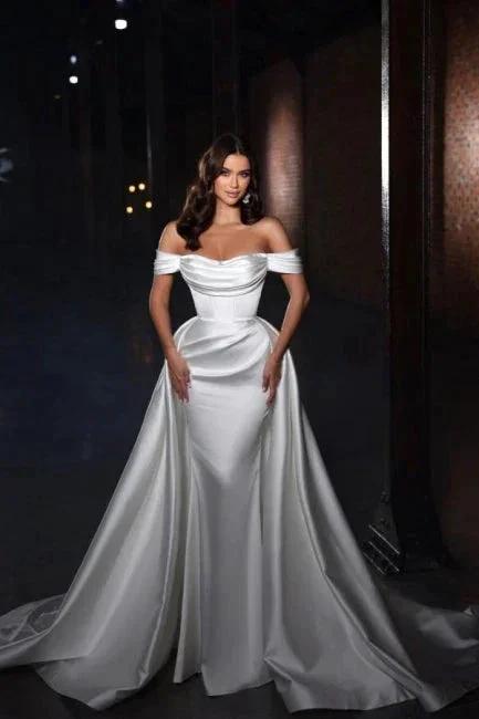Simple Off-the-shoulder Satin A-line Sleeveless Wedding Dresses With Detachable Train (ZD16519)