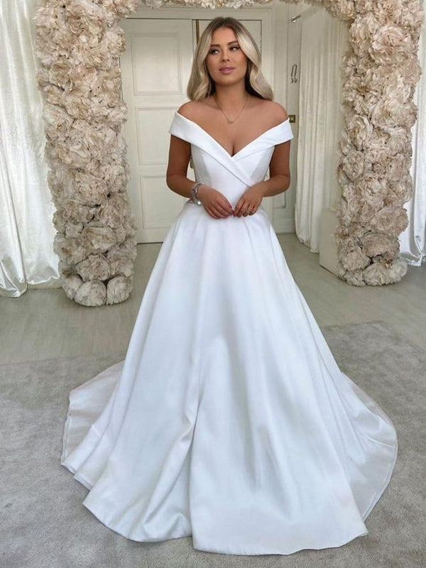 Satin Off the Shoulder Cover Button A-Line Minimalist Wedding Dress