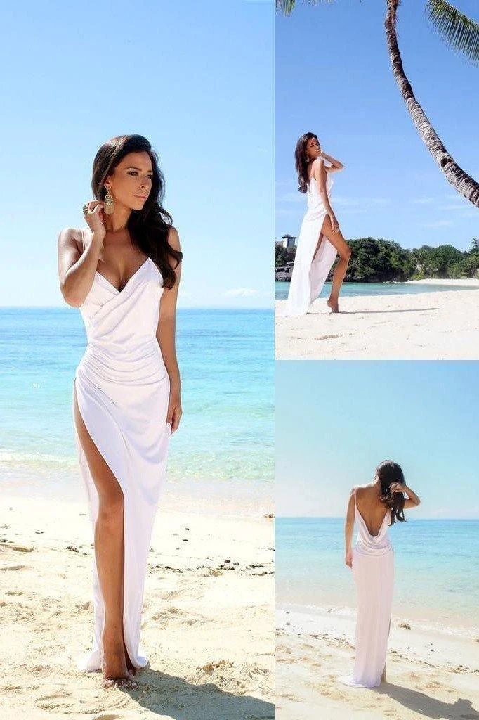 Simple Sexy Open Back Beach Side Slit Spaghetti Straps Wedding Dresses (ZD16336)