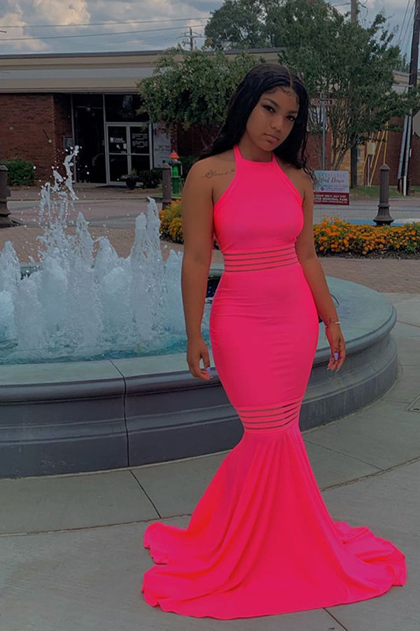 Simple Sleeveless Floor-Length Pink Mermaid Prom Dresses