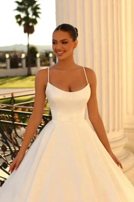 Simple spaghetti straps sleeveless ball gown satin wedding dress (ZD14869)