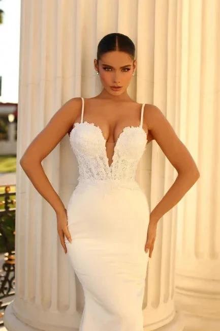Simple spaghetti straps sleeveless mermaid satin wedding dress with lace (ZD14867)