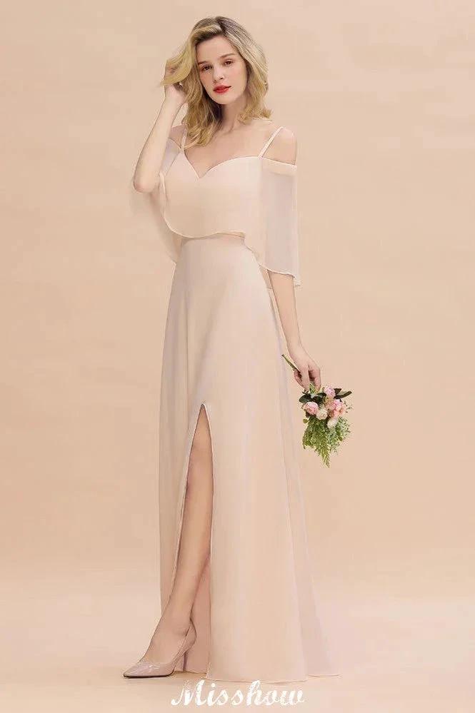 Simple Spaghetti Straps Tiered Bridesmaid Dresses | Side Slit A-Line Sleeveless Evening Maxi Dresses (ZD12932)