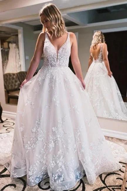 Simple spaghettistraps sleeveless aline lace Wedding dresses (ZD14872) - VelvetHem