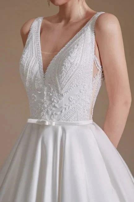Simple Straps Sleeveless A-Line Floor-Length Satin Wedding Dresses with Ruffles (ZD14664)