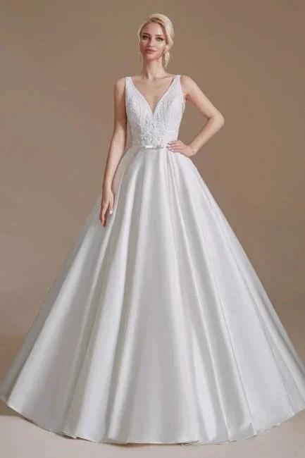 Simple Straps Sleeveless A-Line Floor-Length Satin Wedding Dresses with Ruffles (ZD14664)