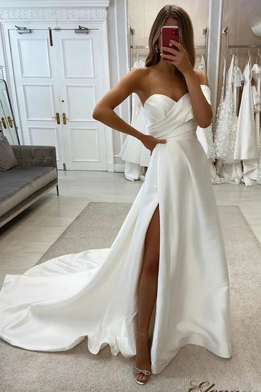 Simple Sweetheart Off-the-shoulder Sleeveless Satin Wedding Dress With Slit (ZD14578)
