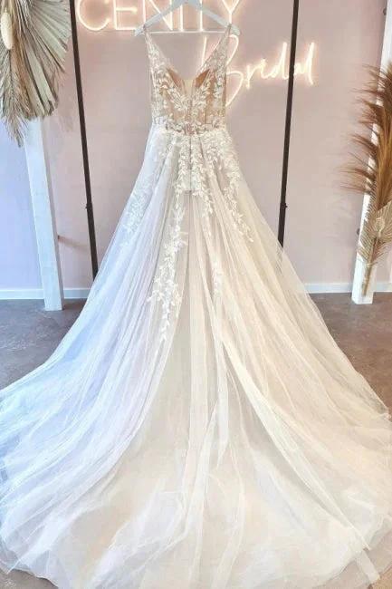 Simple v-neck sleeveless a-line lace Wedding dresses (ZD14857)