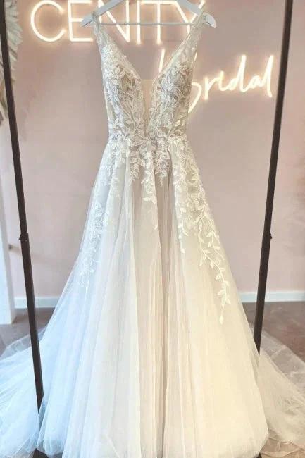 Simple v-neck sleeveless a-line lace Wedding dresses (ZD14857)