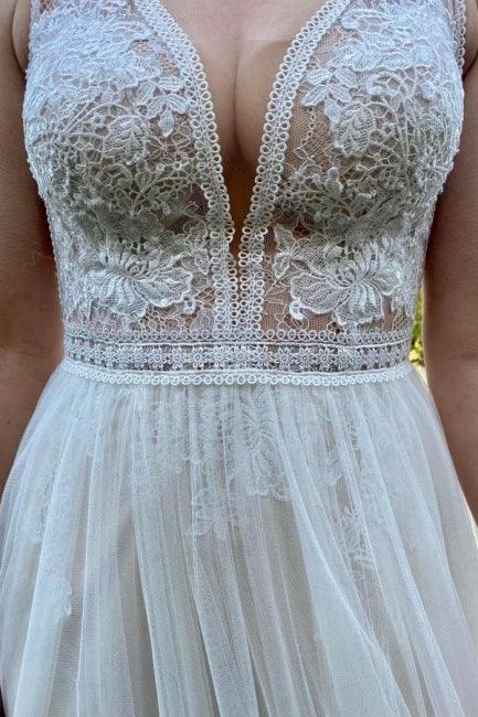 Simple V-Neck Sleeveless Column Tulle Floor-Length Wedding Dresses with Lace (ZD14681)