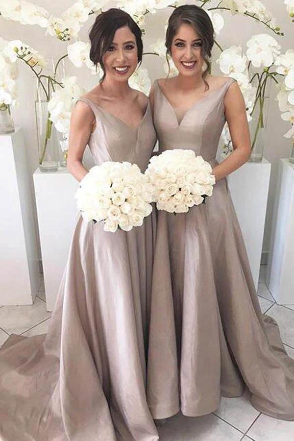 Simple V-neck Sleeveless High Low Sweep Train Silver Bridesmaid Dress BD061 by pgmdress