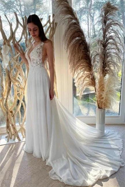 Simple White Chiffon Backless A-Line Wedding Dresses With Lace (ZD14638)