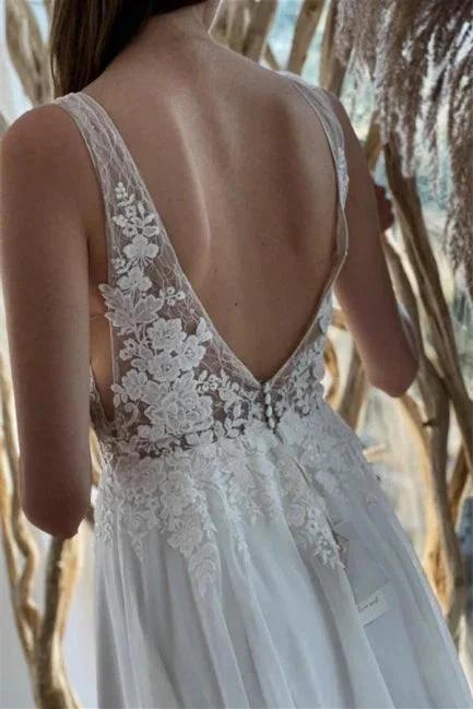 Simple White Chiffon Backless A-Line Wedding Dresses With Lace (ZD14638)