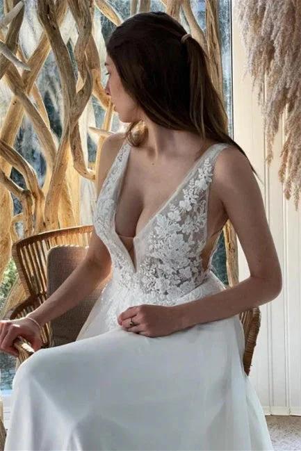 Simple White Chiffon Backless A-Line Wedding Dresses With Lace (ZD14638) - VelvetHem