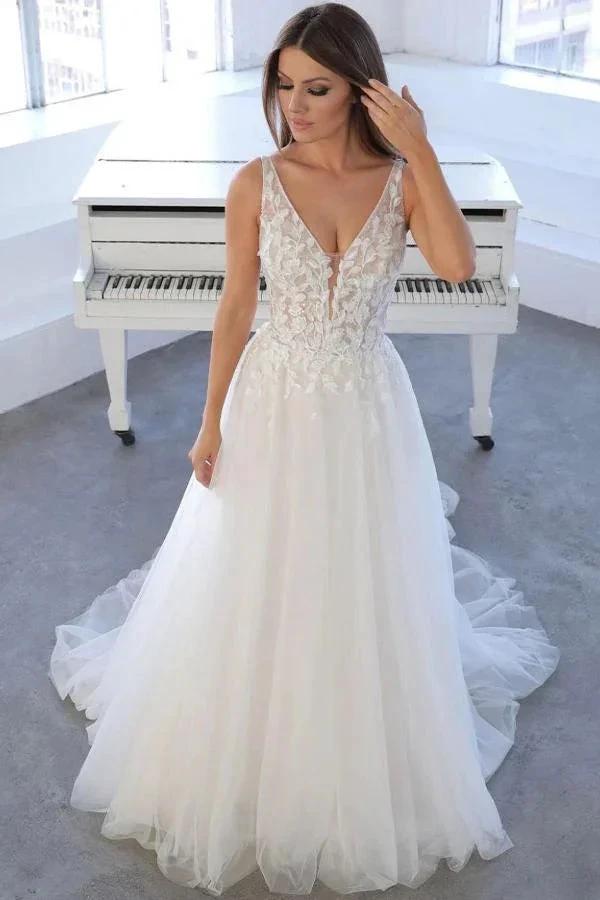 Simple White Long A-line V-neck Tulle Lace Backless Wedding Dress (ZD16754)