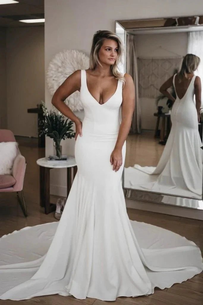 Simple White Long Mermaid V Neck Train Backless Wedding Dress (ZD15853)