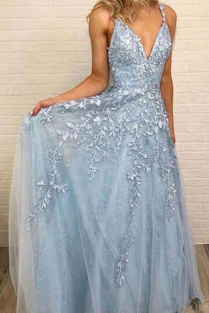 Sky Blue Lace Prom Dresses Deep V-Neck A-Line Long Party Elegant Floor-Length Women Evening Gowns