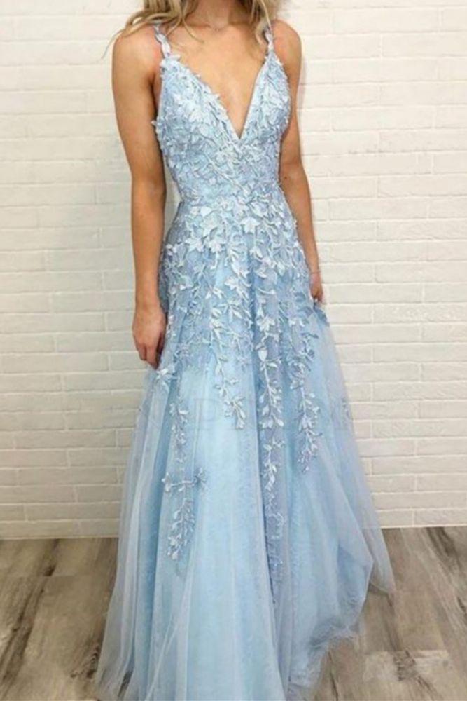 Sky Blue Lace Prom Dresses Deep V-Neck A-Line Long Party Elegant Floor-Length Women Evening Gowns
