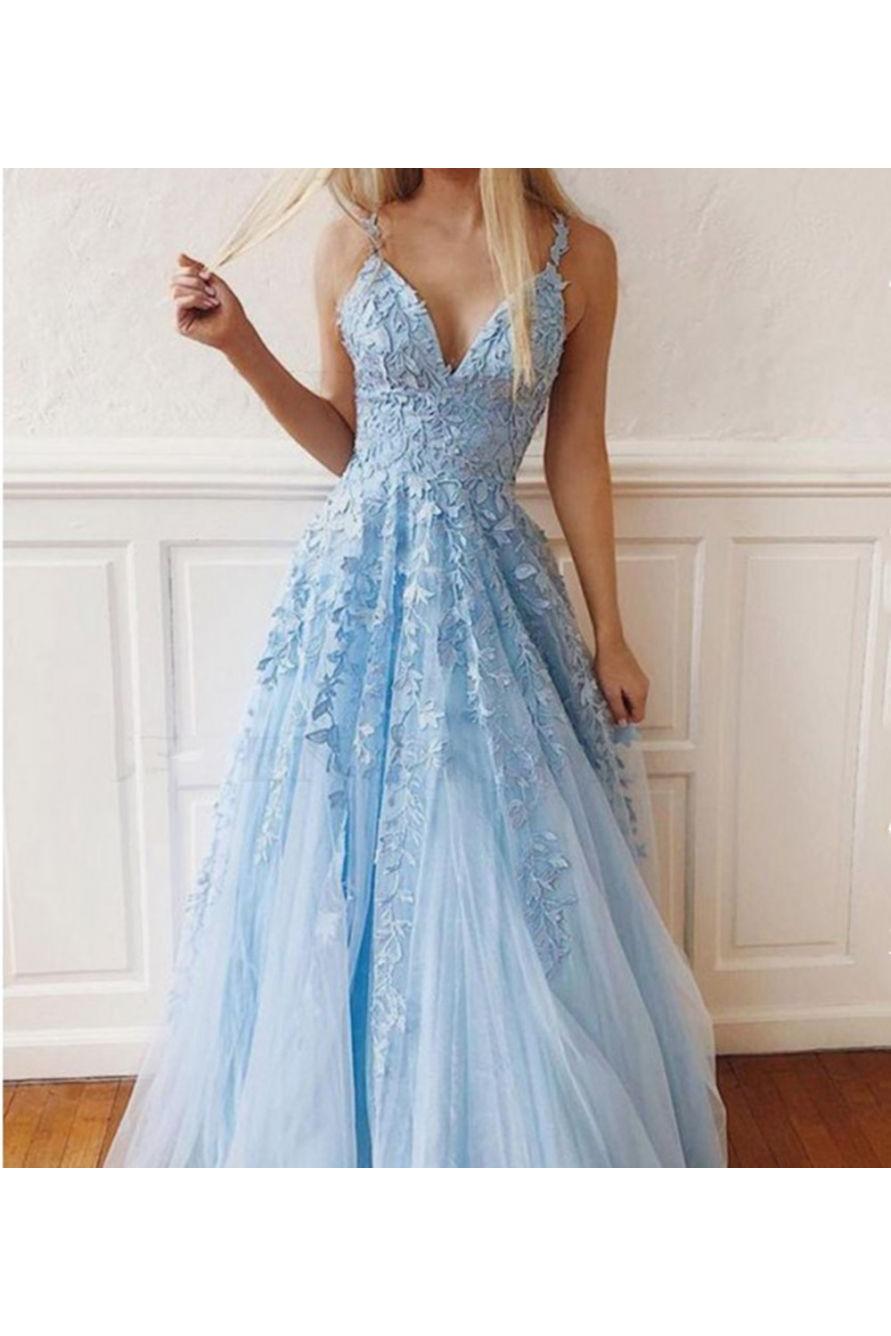Sky Blue Lace Prom Dresses Deep V-Neck A-Line Long Party Elegant Floor-Length Women Evening Gowns