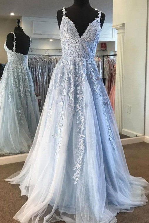 Sky Blue Lace Prom Dresses Deep V-Neck A-Line Long Party Elegant Floor-Length Women Evening Gowns